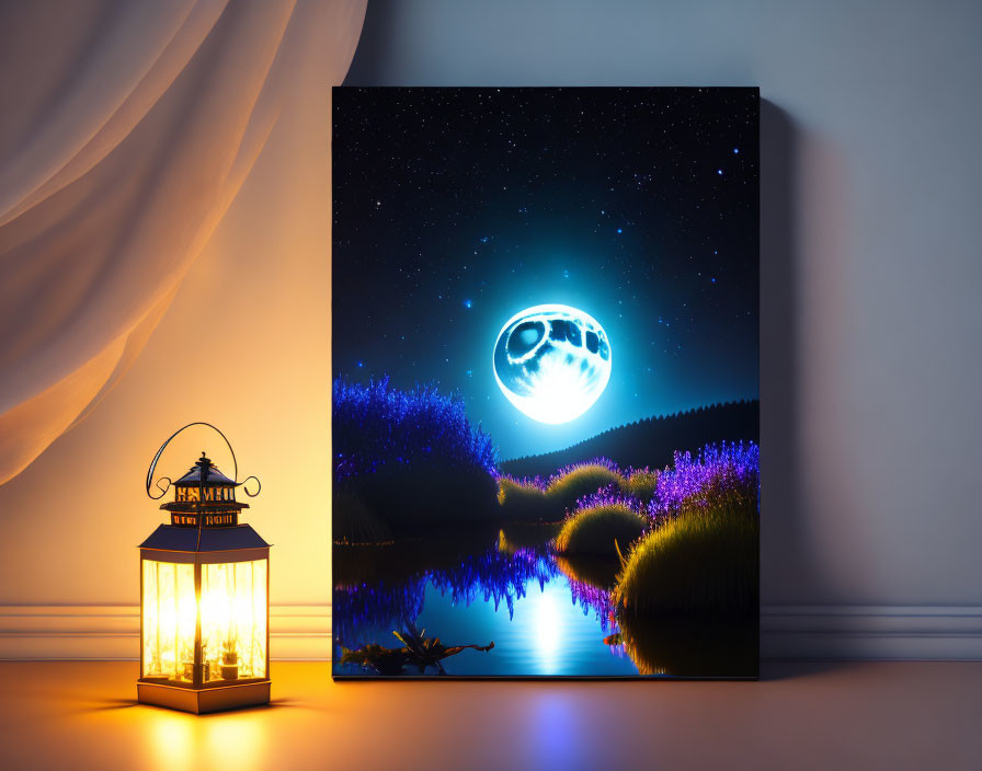 Canvas Print: Moonlit Night Scene with River and Lavender Fields