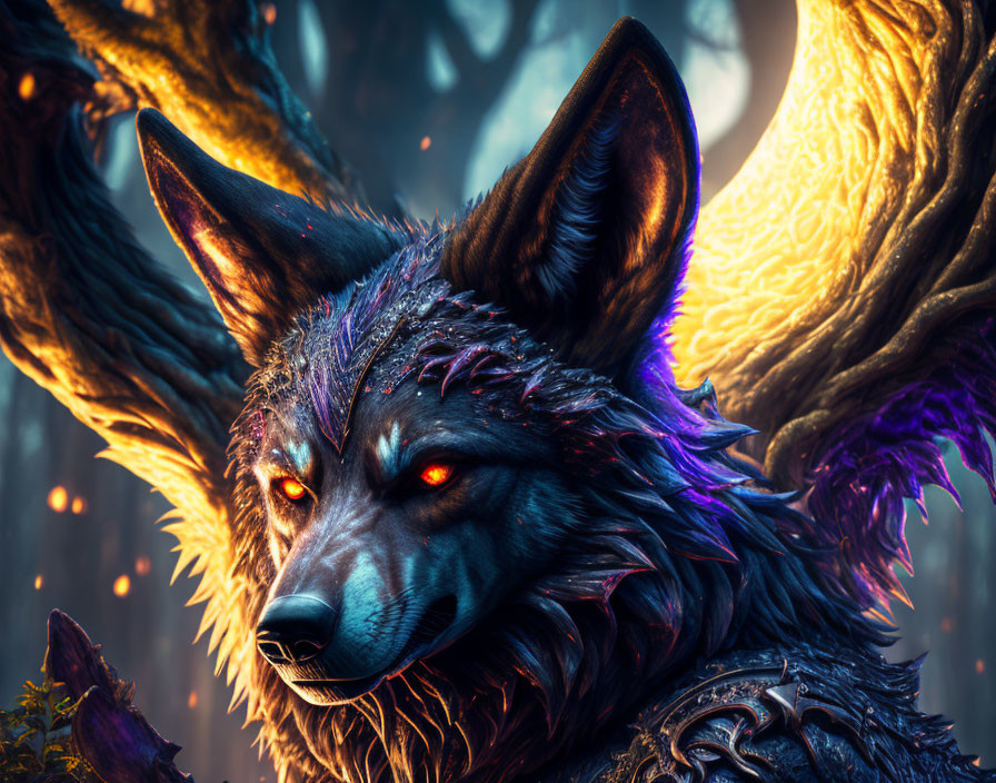 Digital art of mystical wolf with glowing eyes and ethereal fur in magical forest