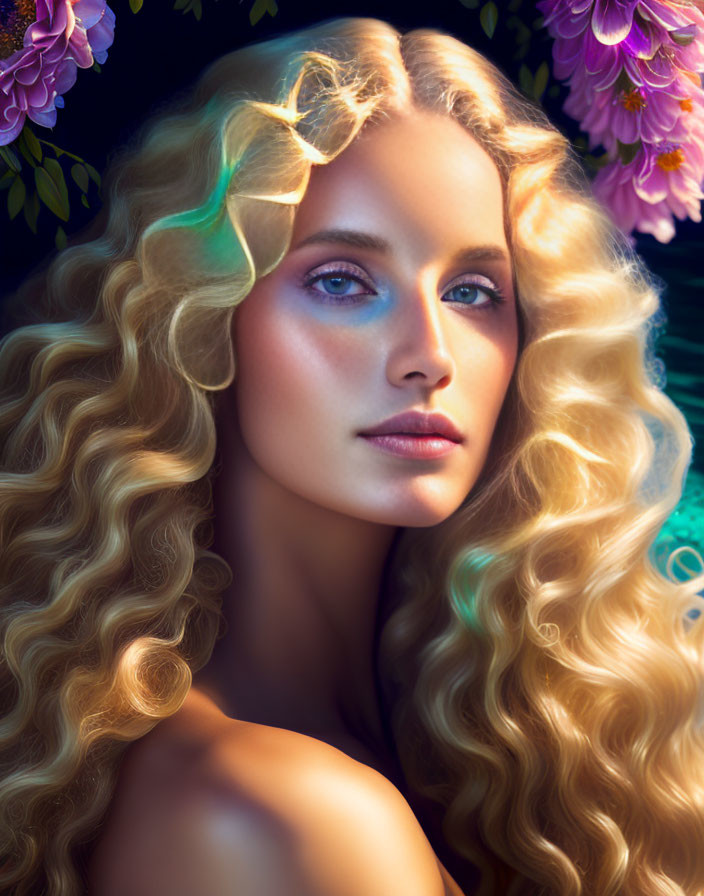 Curly Blond-Haired Woman with Flower in Dreamy Purple Flower Setting