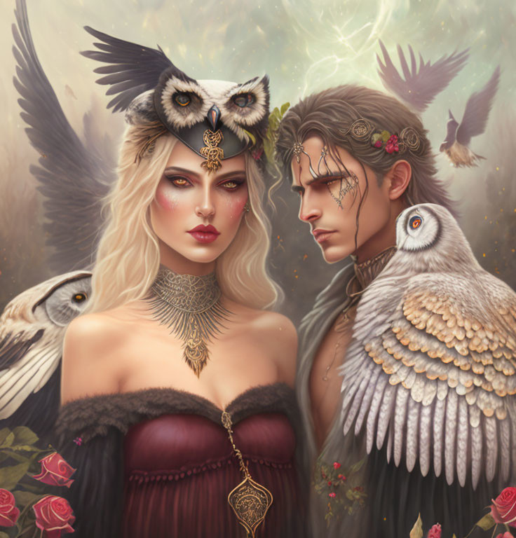 Illustration of man and woman with owl features in ethereal setting