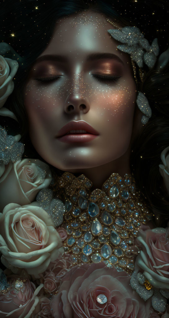 Surreal portrait of woman with glitter, roses, and jewels on starry background