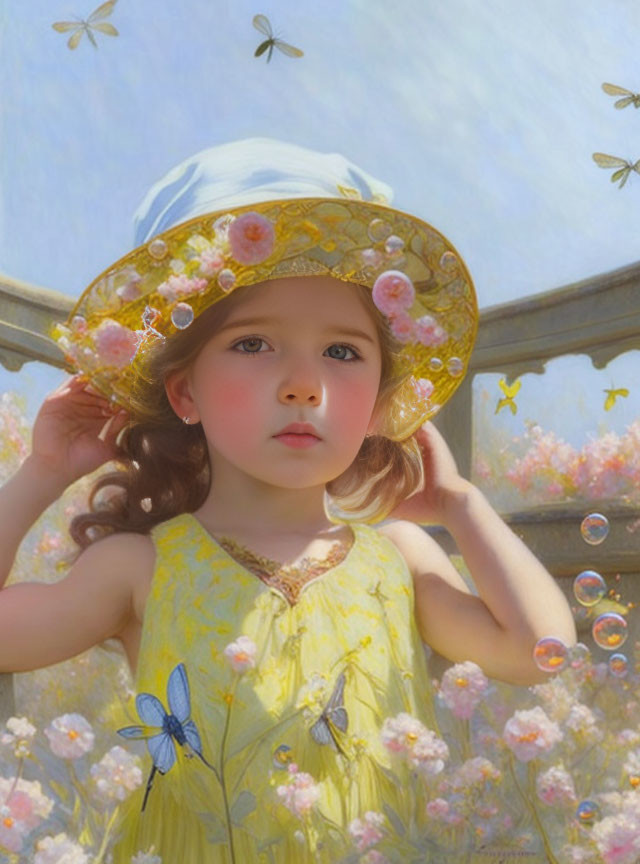 Curly-haired girl in yellow dress with sunhat surrounded by bubbles, flowers, and butterflies under blue