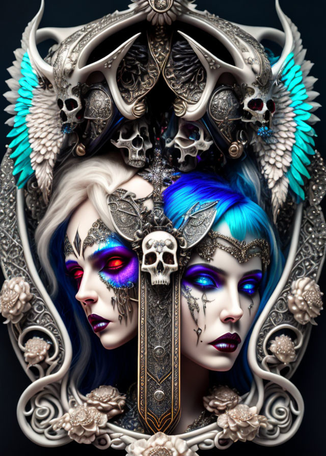 Fantasy-themed digital artwork: Symmetrical female figures with blue and white hair, ornate skulls,