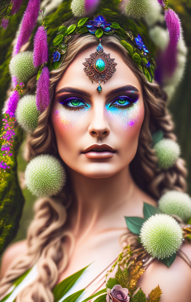 Woman with Nature-Inspired Makeup and Gemstone Headdress among Colorful Flowers