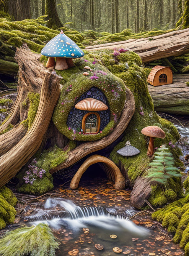 Miniature Fairy House in Forest with Stream and Colorful Mushrooms