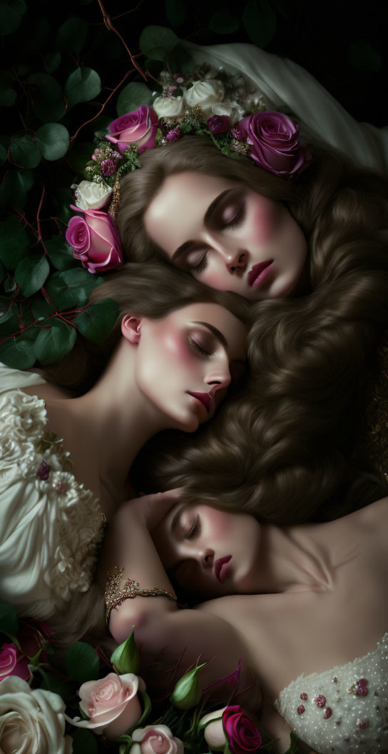 Three women in elegant dresses lying among roses with closed eyes.