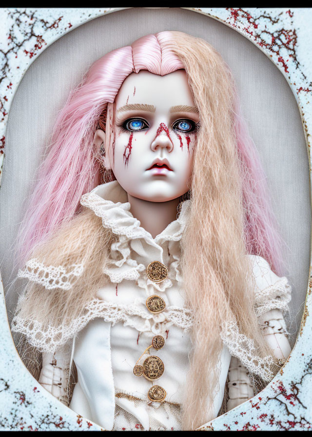 Gothic-style porcelain doll with pale skin, pink hair, blue eyes, red teardrop