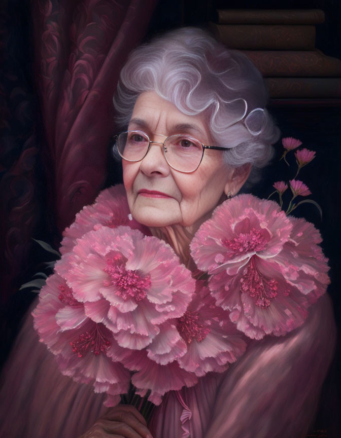 Elderly lady with gray hair and glasses in pink floral blouse gazes thoughtfully.