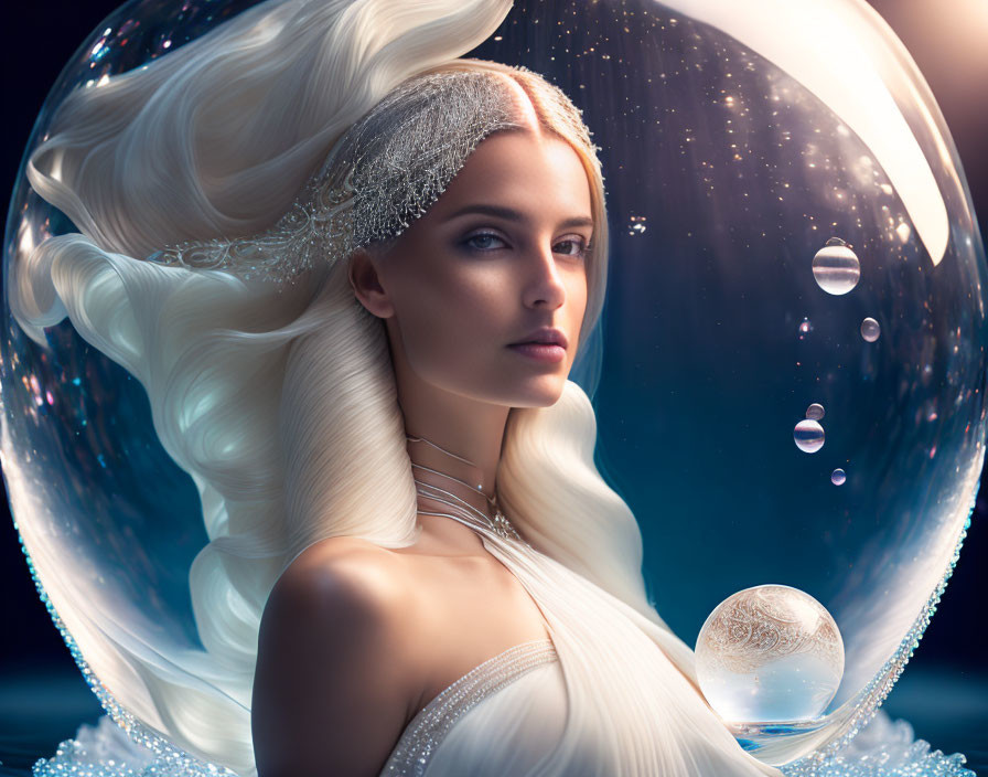 Ethereal woman with white hair in translucent bubble on dark backdrop