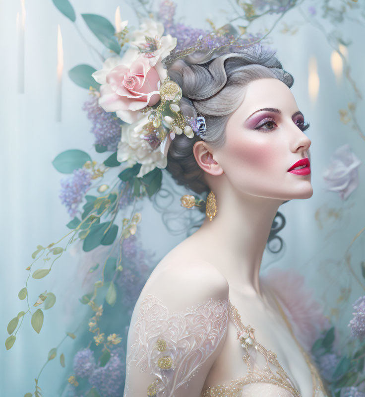 Woman with Floral Hair Accessories and Elegant Makeup in Dreamy Pastel Setting