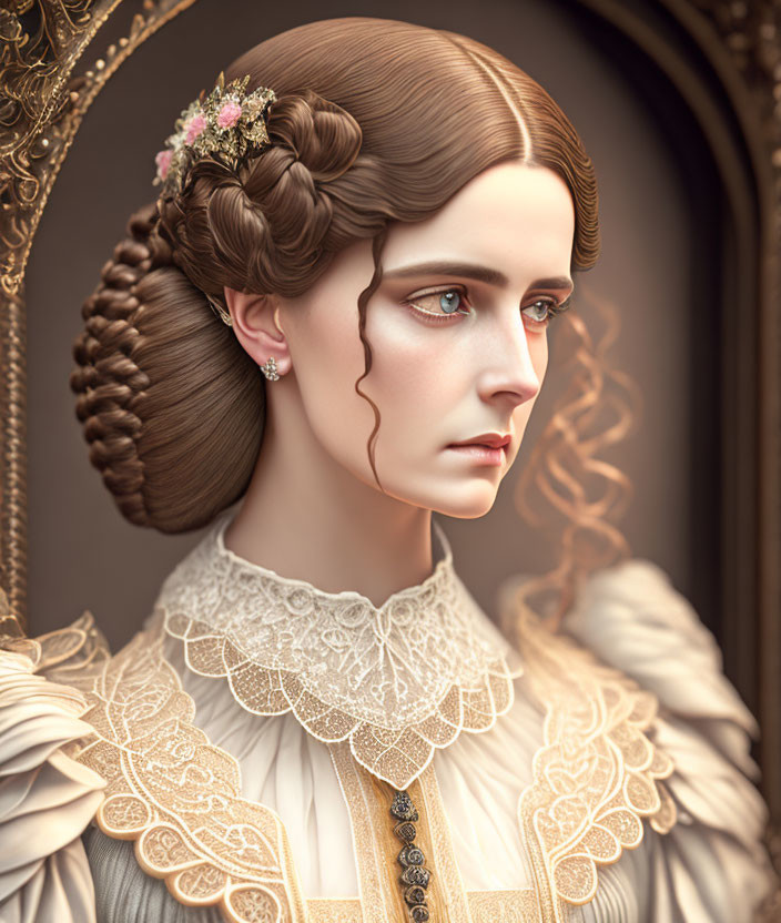 Victorian-era woman in digital portrait with intricate lace details