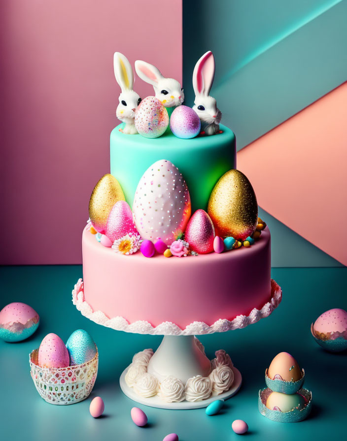 Colorful Easter-themed two-tiered cake with eggs, bunnies, and candies on pastel