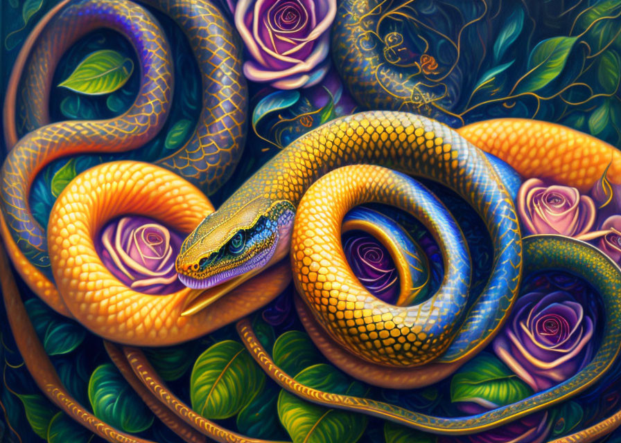 Detailed Golden Snake Entwined in Purple Roses and Green Foliage