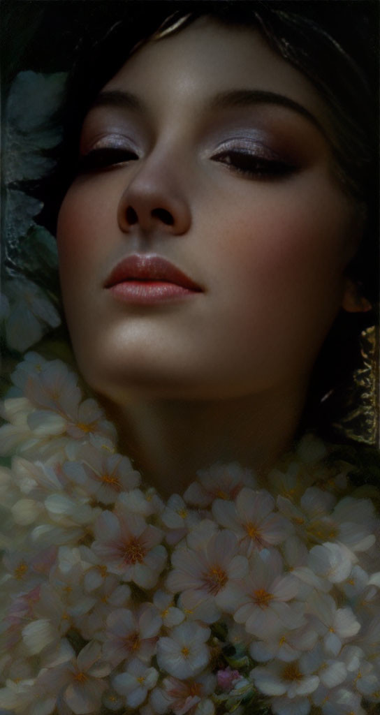 Woman's Face with Subtle Makeup Surrounded by Flowers