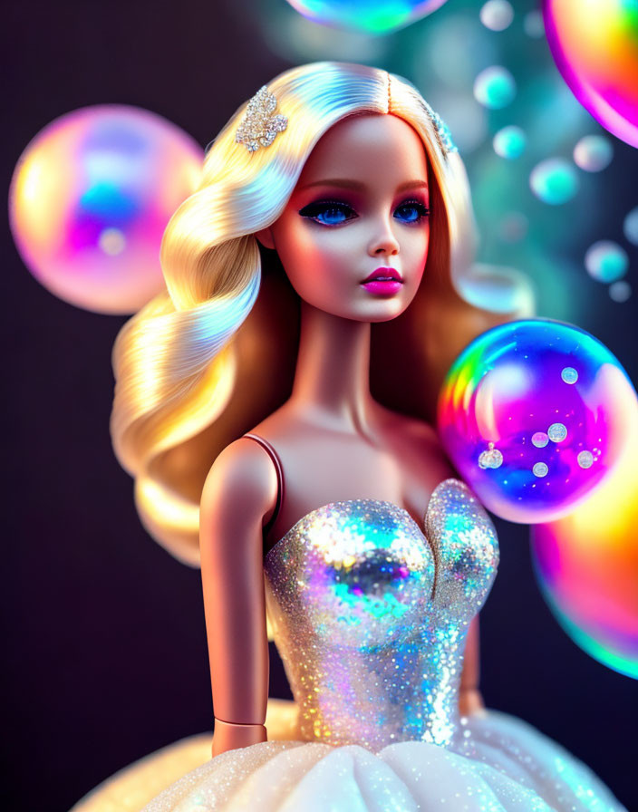 Blonde-Haired Doll in Sparkling Dress with Bubbles