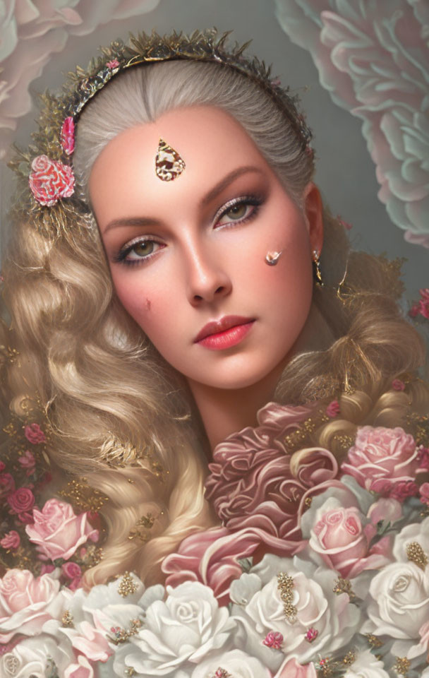 Portrait of Woman with Fair Skin and Jewelry Among Pink and White Roses