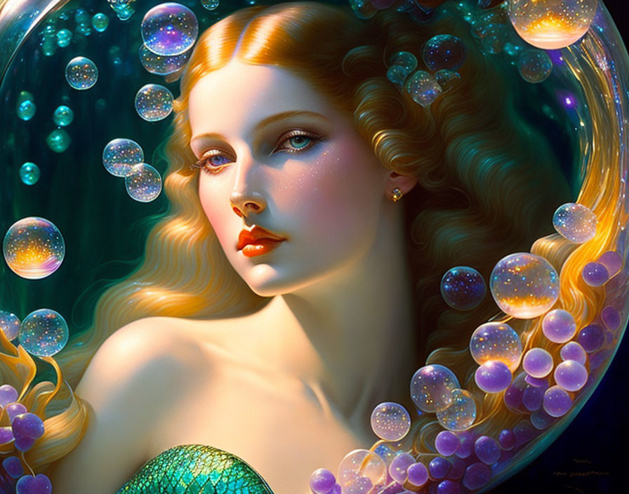 Digital artwork: Woman with red lips and fair skin in glowing bubbles on dark background