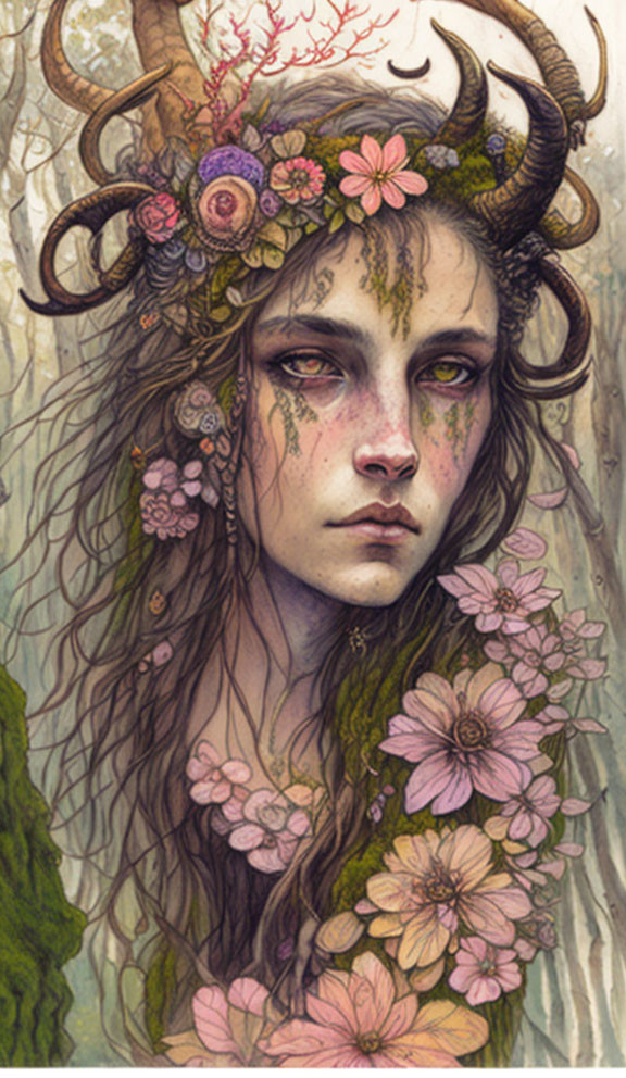 Mystical being with horns and flower crown in forest setting