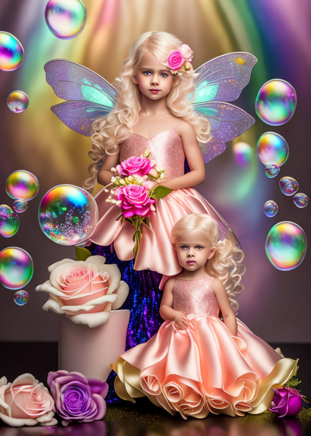 Young girls in fairy costumes with sparkling wings, bubbles, and flowers.