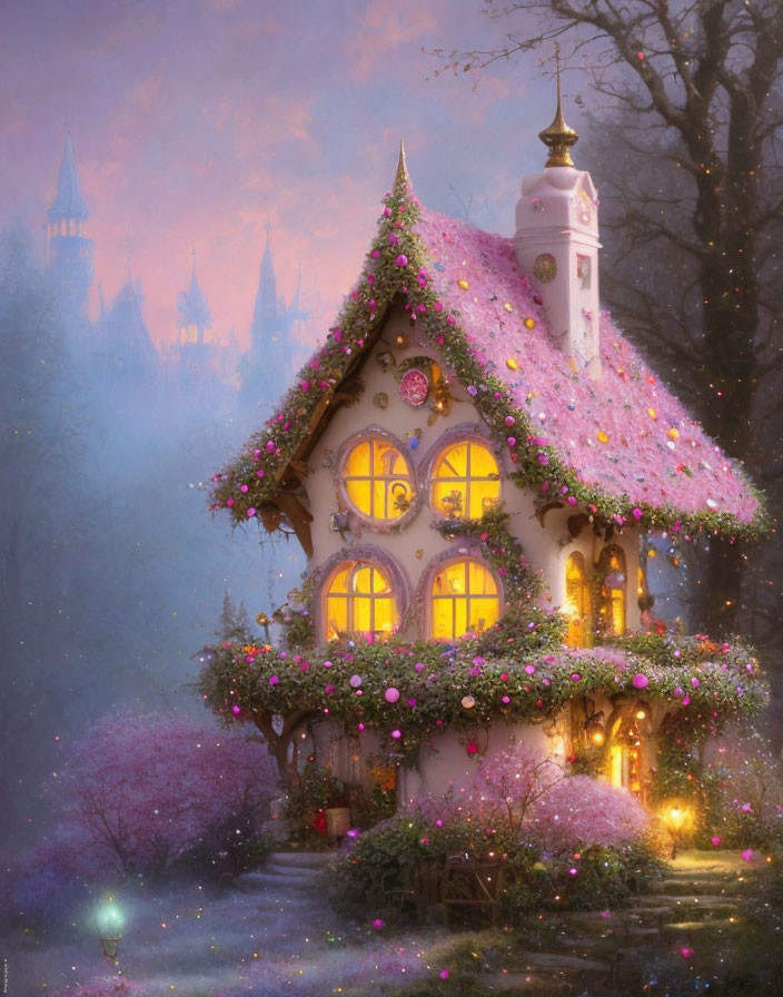 Cozy cottage with pink vines, glowing lights, twilight ambiance, and castle silhouette