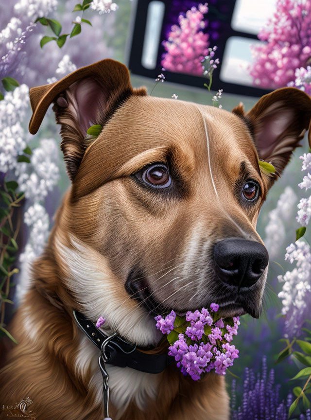 Detailed Digital Painting of Brown Dog Holding Purple Flowers