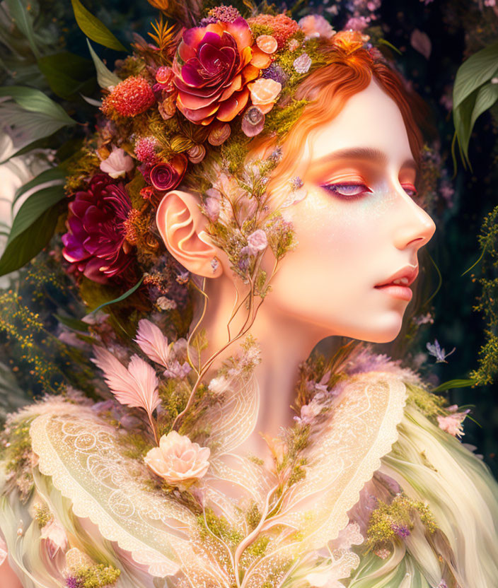 Woman with Flowery Headdress and Nature-Inspired Design