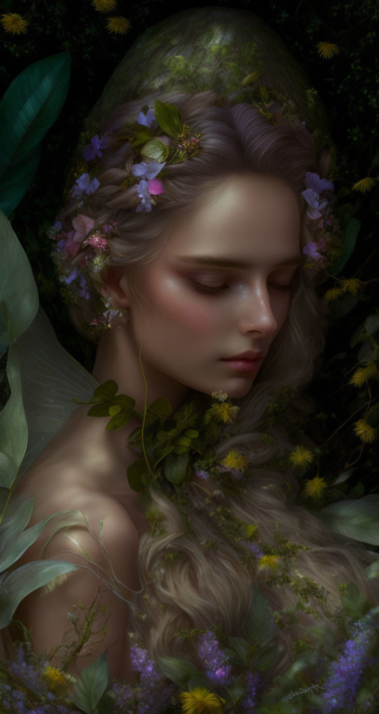 Portrait of woman with flowers and leaves in hair against nature background