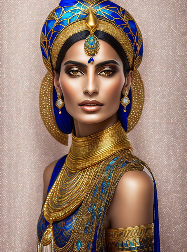 Regal woman in golden and blue attire with intricate patterns