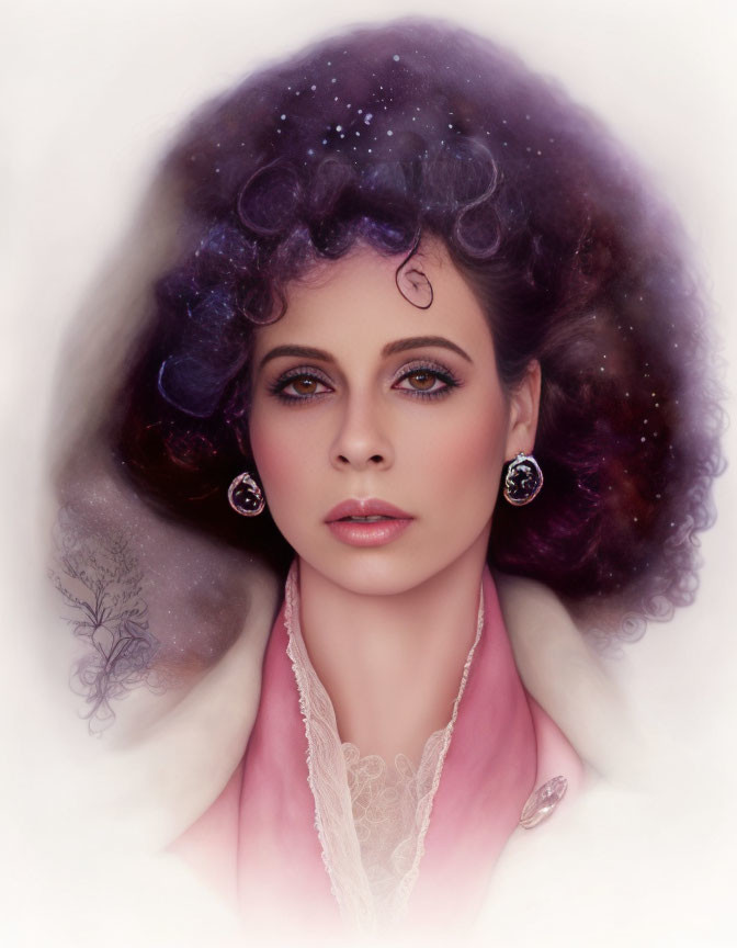 Cosmic-themed digital portrait of a woman with starry hair and pink attire