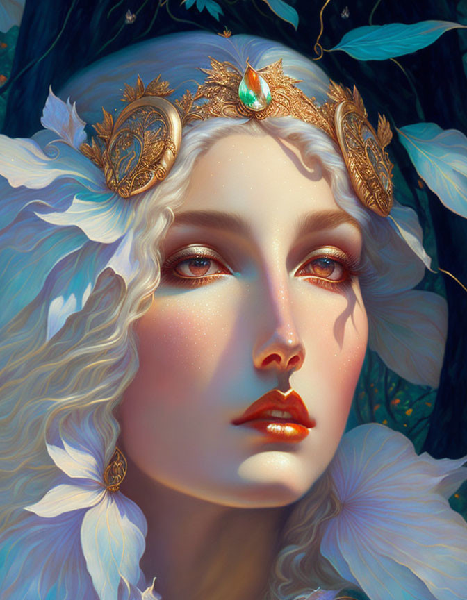 Ethereal woman with golden headdress and emerald gem in dark foliage setting