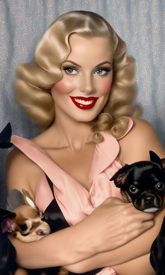 Smiling woman with blonde hair holding two puppies on polka-dotted background