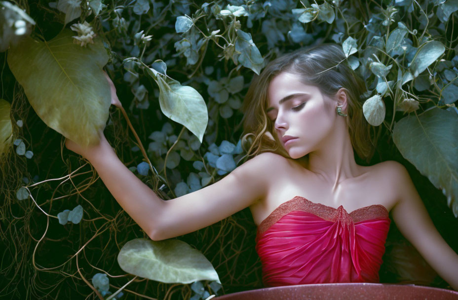 Young woman in red dress amidst green foliage, eyes closed, serene ambiance