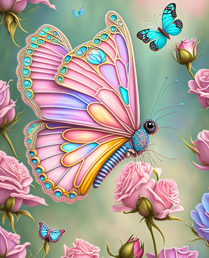 Colorful Digital Illustration: Large Pink Butterfly with Elaborate Wing Patterns, Surrounded by Sm