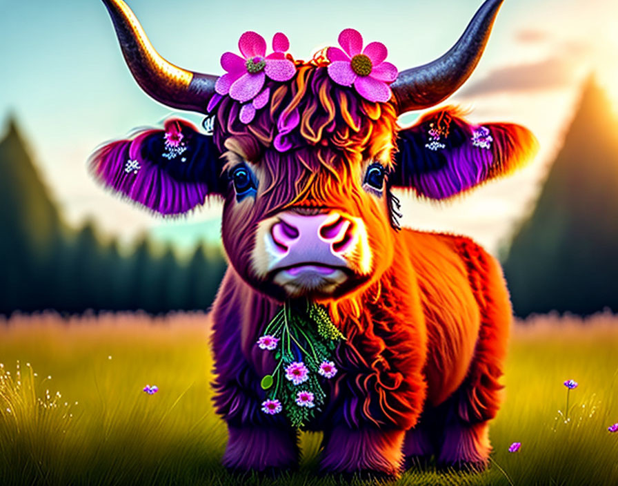 Colorful Highland Cow with Purple Flowers in Meadow