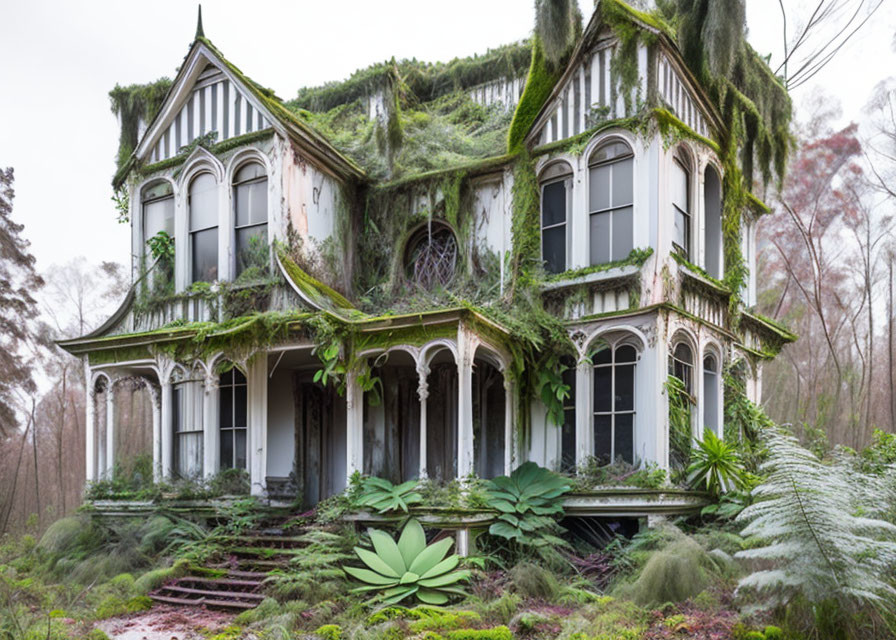 Neglected Victorian-style house covered in moss among dense foliage