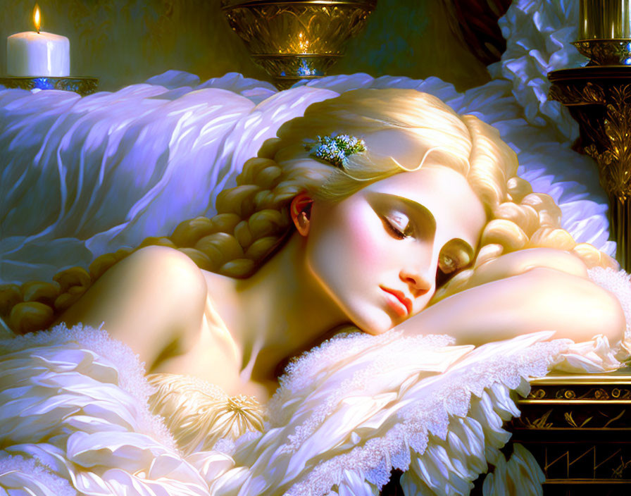 Woman with braided hair in white feathered outfit sleeping peacefully by candlelight.