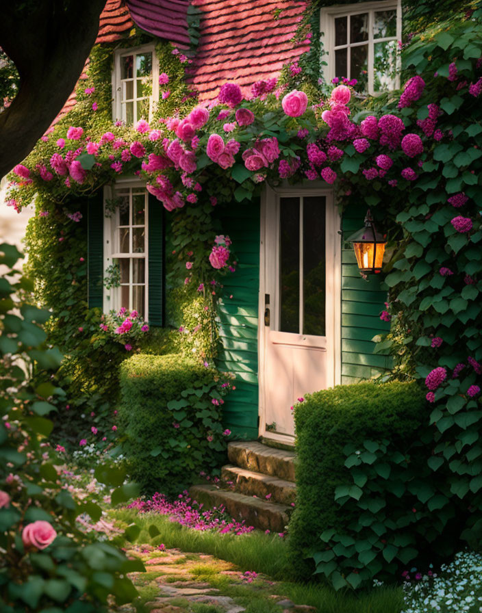 Charming Cottage with Green Door, Pink Flowers & Sunlight