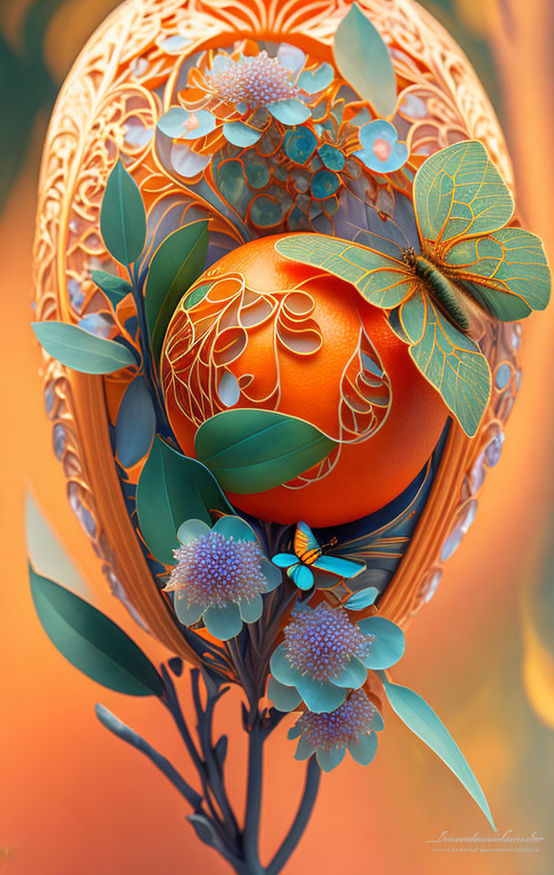 Colorful digital artwork of ornate egg with floral and butterfly motifs