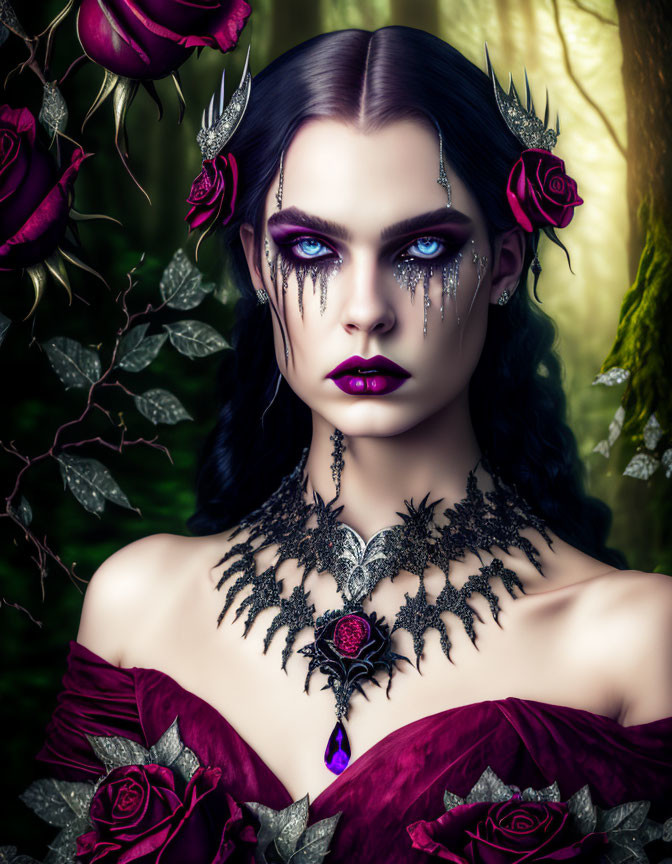 Person with dramatic purple makeup and teardrop details posing with dark roses and gothic necklace on green