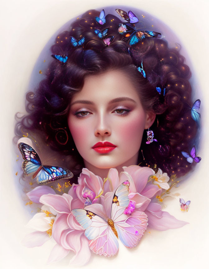 Portrait of Woman with Curly Hair Surrounded by Butterflies and Pink Flowers