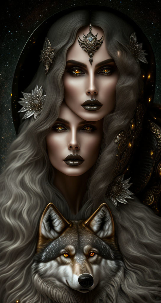 Cosmos-themed silver-haired women with golden accessories and a wolf