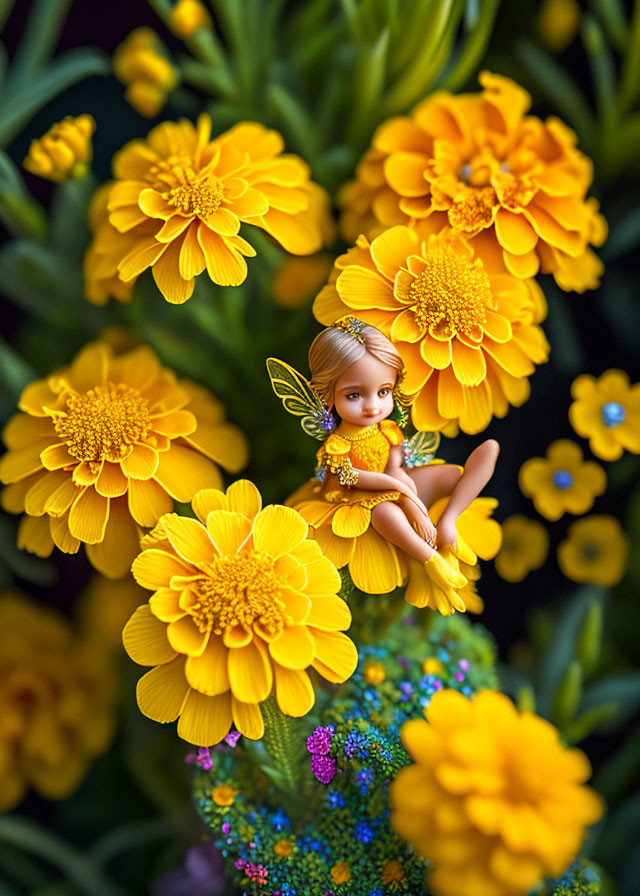 Fairy figurine among yellow flowers and greenery