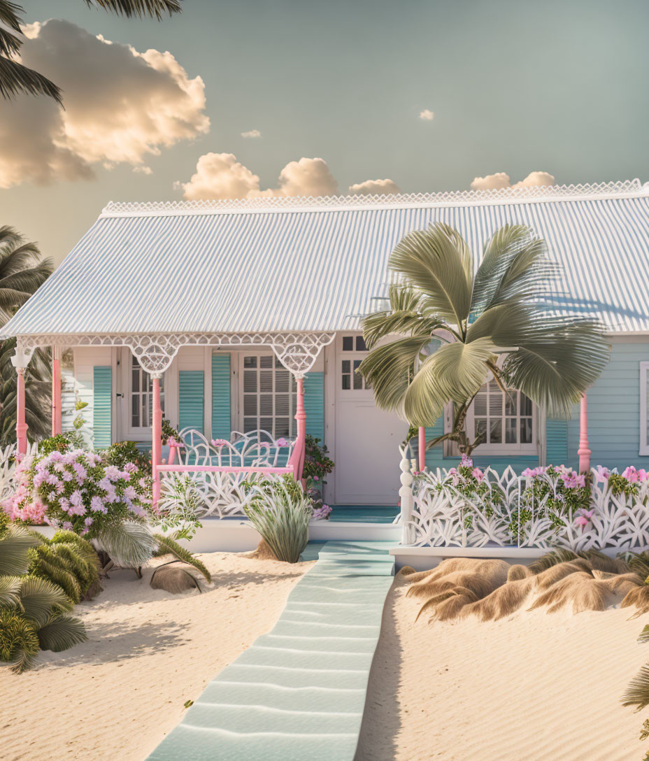 Charming beachfront cottage with white picket fence and pastel accents