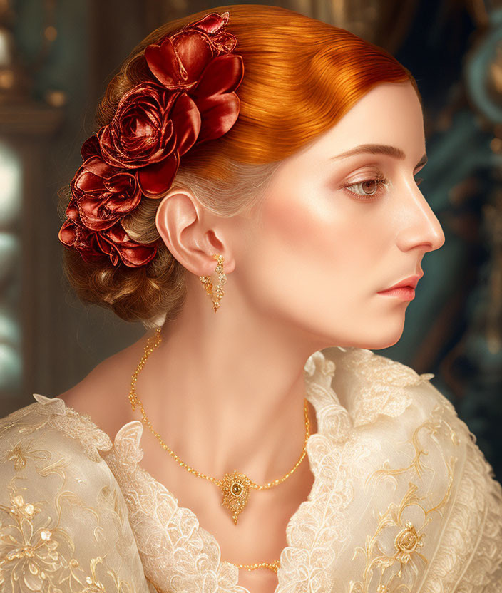 Portrait of woman with red hair in bun, lace dress, gold jewelry