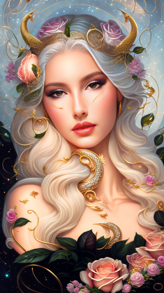 Illustrated portrait of woman with golden horns and white hair adorned with roses and golden ornaments