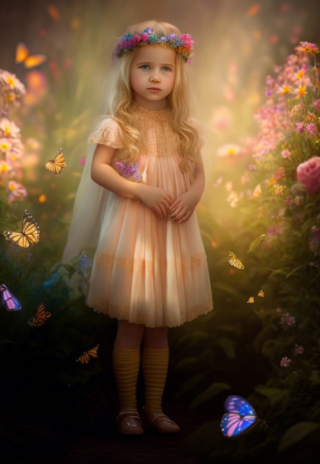 Young girl in pastel dress surrounded by flowers and butterflies in dreamy garden.