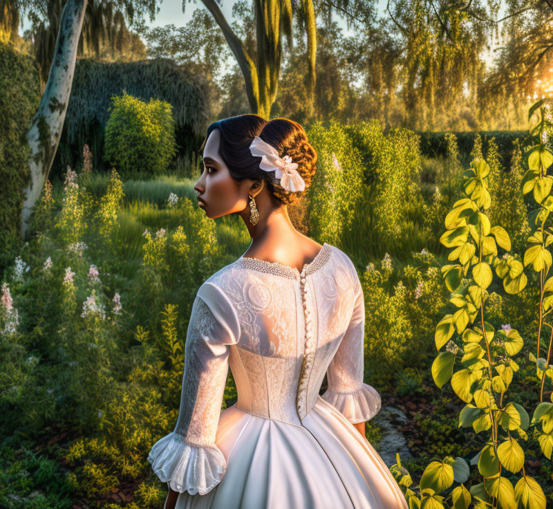 Woman in white vintage dress in garden at sunset with sunlight filtering through trees