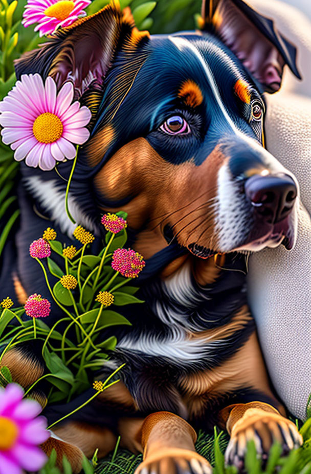 Tricolor dog surrounded by colorful flowers and expressive face