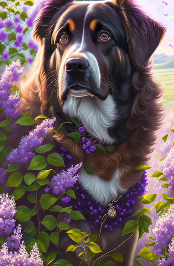 Detailed Illustration of Dog with Soulful Gaze Surrounded by Purple Lilac Blossoms