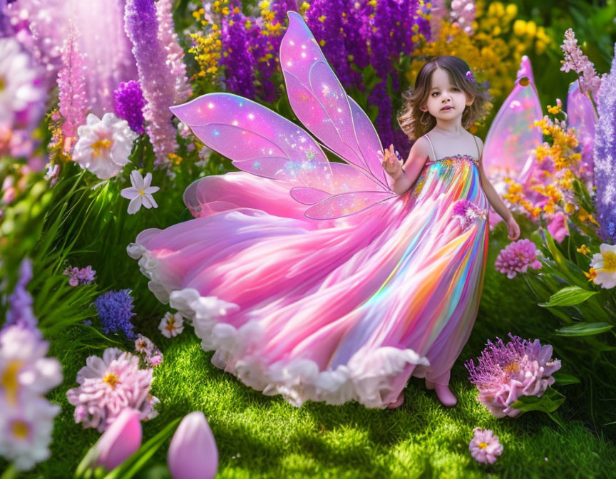 Child in fairy costume among vibrant flowers in colorful garden